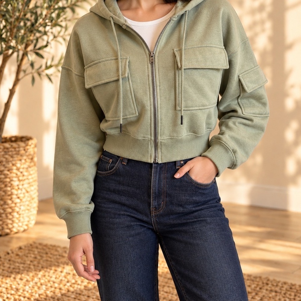 Hippie Rose Sage Green Cropped Zip Hoodie Cargo Pocket Utility Sweatshirt Small